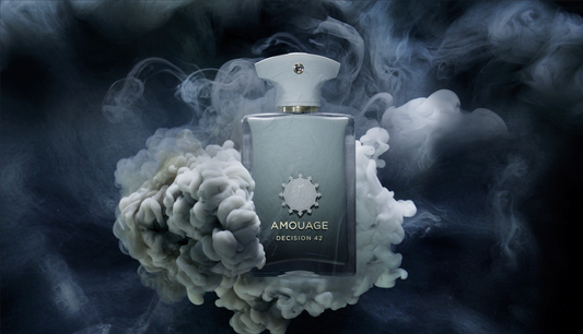 Amouage Decision 42 bottle surrounded by dark smoke