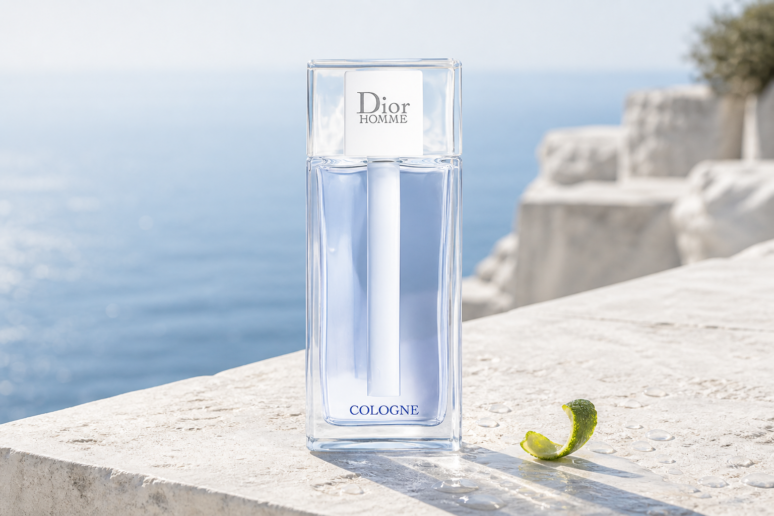 Dior Homme Cologne on a sunlit Mediterranean limestone terrace
