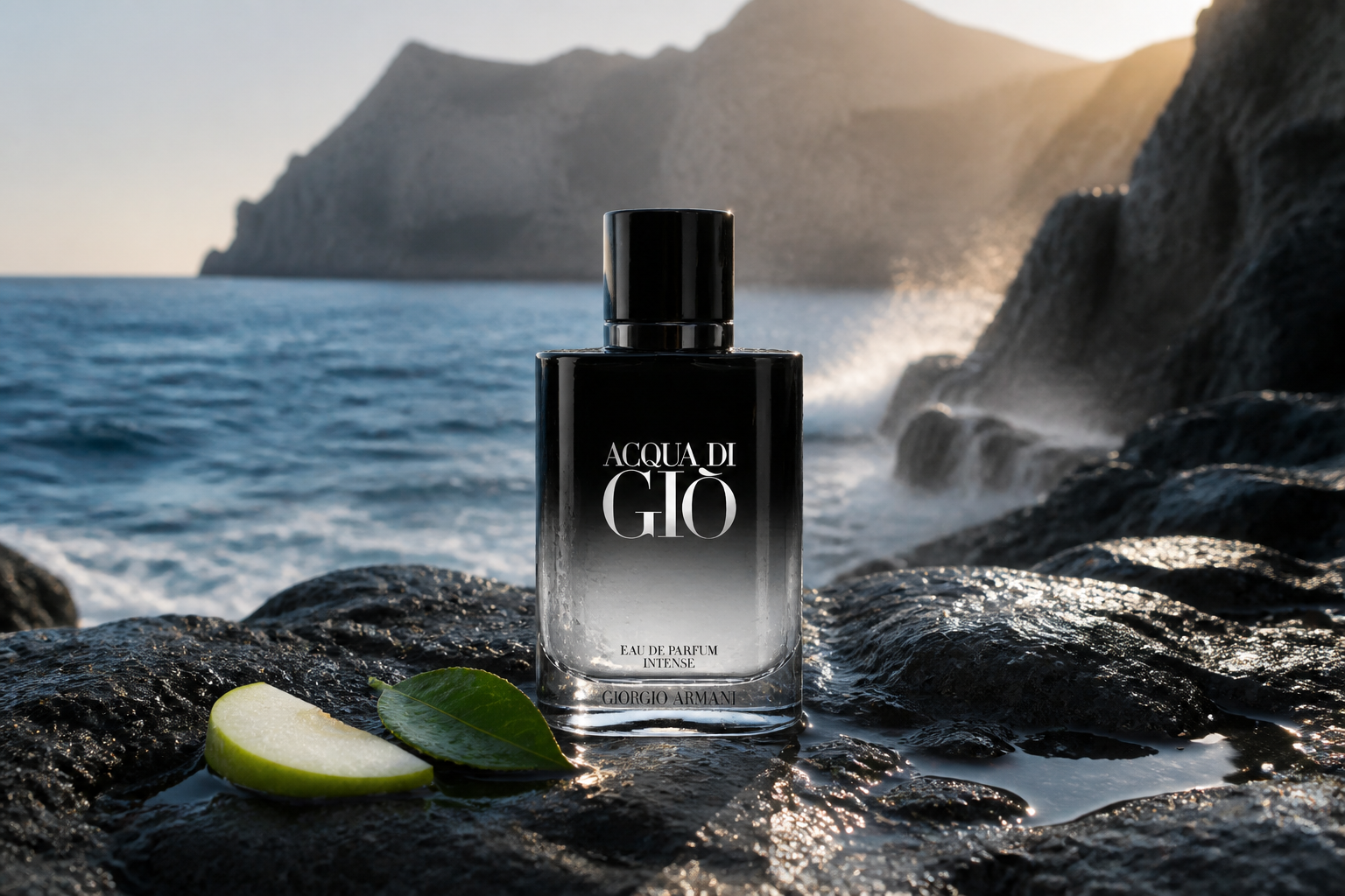 Armani Acqua di Gio Eau de Parfum Intense on a volcanic coastline