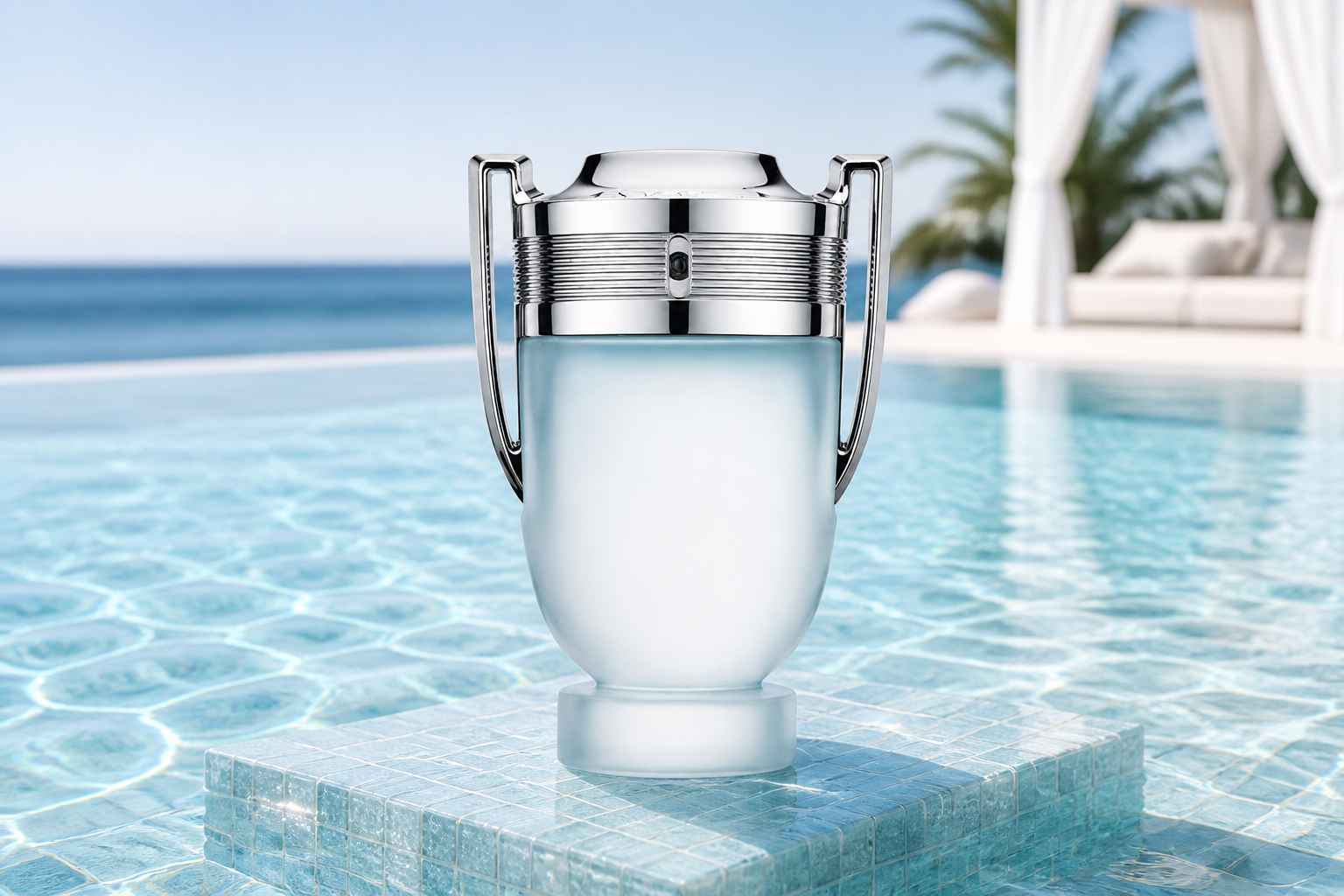 Rabanne Invictus Aqua 2024 beside a bright resort pool