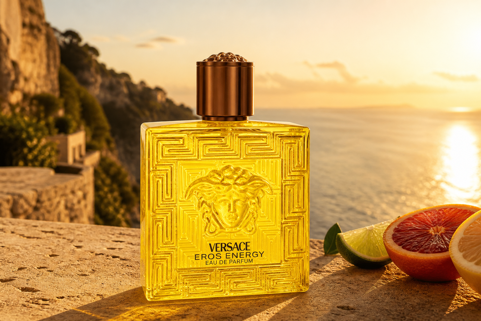 Versace Eros Energy at golden hour above the Mediterranean