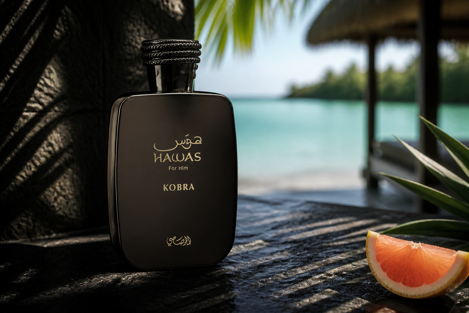 Rasasi Hawas Kobra in a shaded tropical beach setting