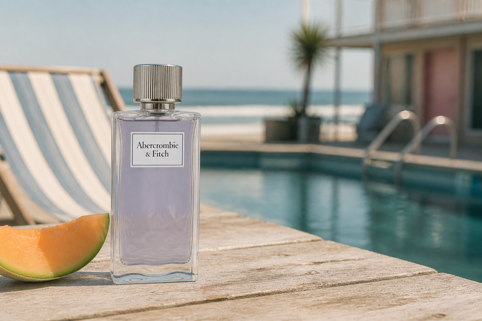 Abercrombie and Fitch First Instinct beside a retro coastal pool
