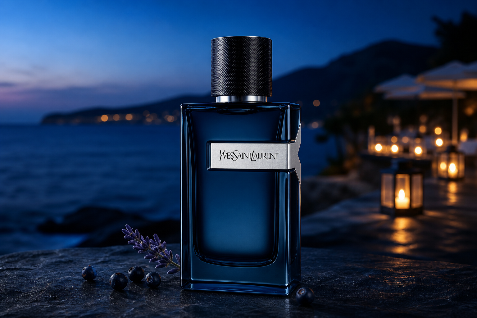 Yves Saint Laurent Y Eau de Parfum Intense at a blue-hour beach club