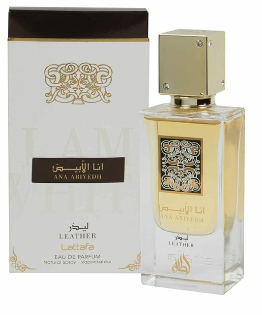 Lattafa Ana Abiyedh Leather EDP fragrance bottle