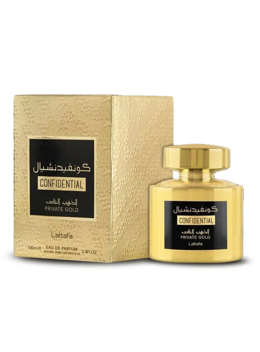 Lattafa Confidential Private Gold EDP fragrance bottle