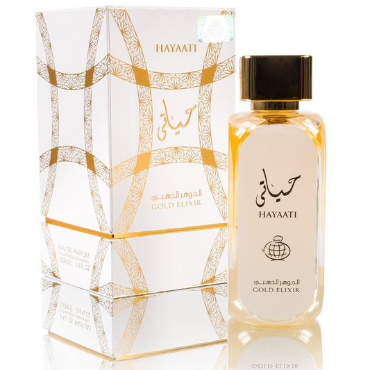 Lattafa Hayaati Gold Elixir EDP fragrance bottle