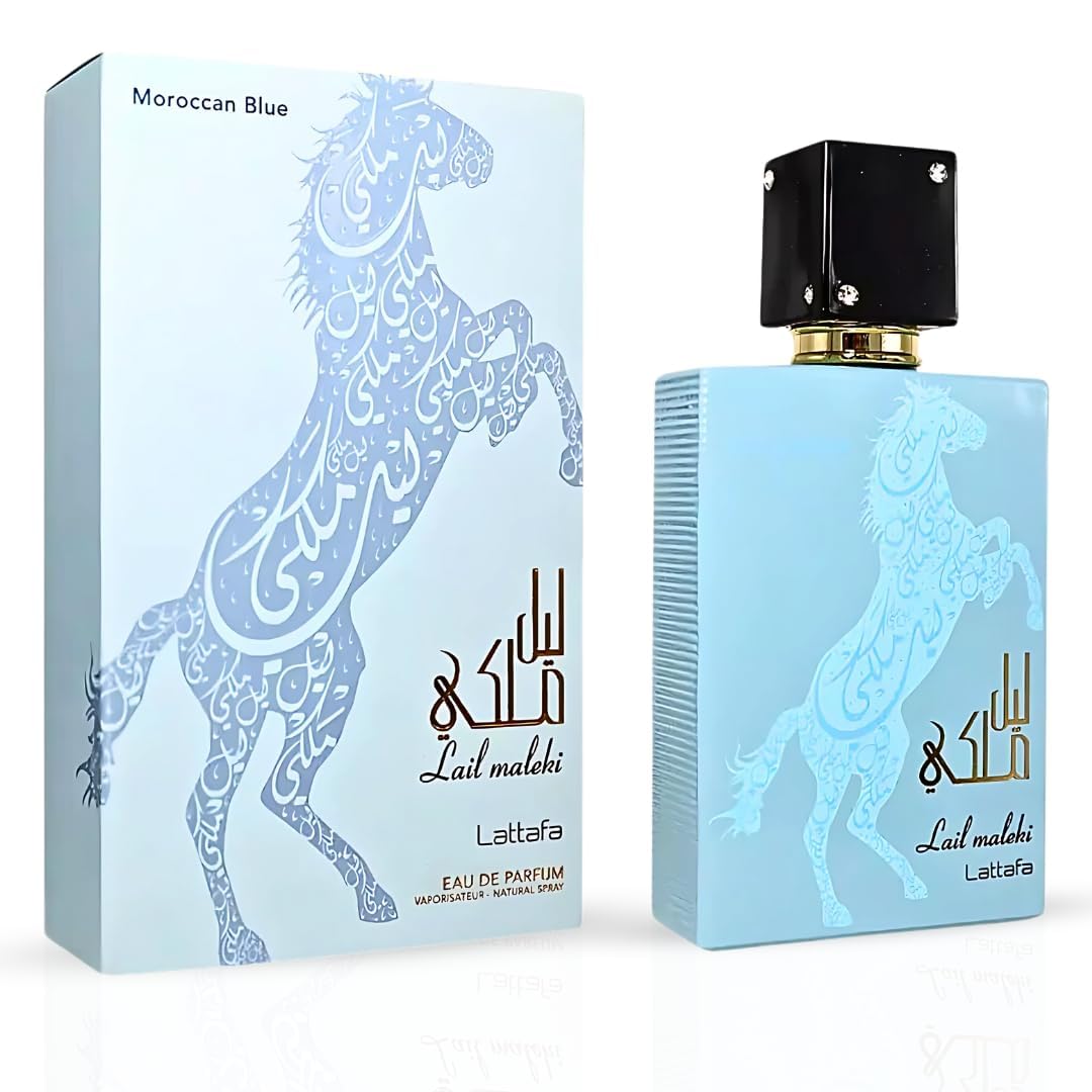 Lattafa Lail Maleki Moroccan Blue EDP fragrance bottle