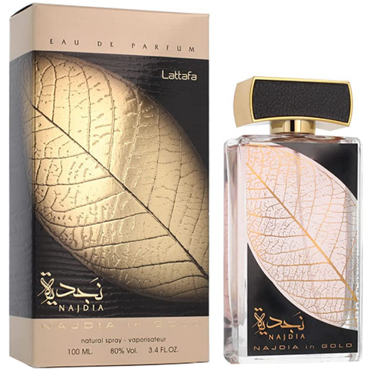 Lattafa Najdia In Gold EDP fragrance bottle