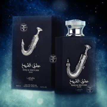 Lattafa Pride Ishq Al Shuyukh Silver EDP fragrance bottle