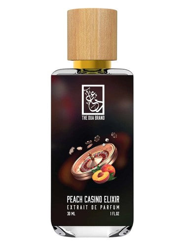 The Dua Brand Peach Casino Elixir fragrance bottle