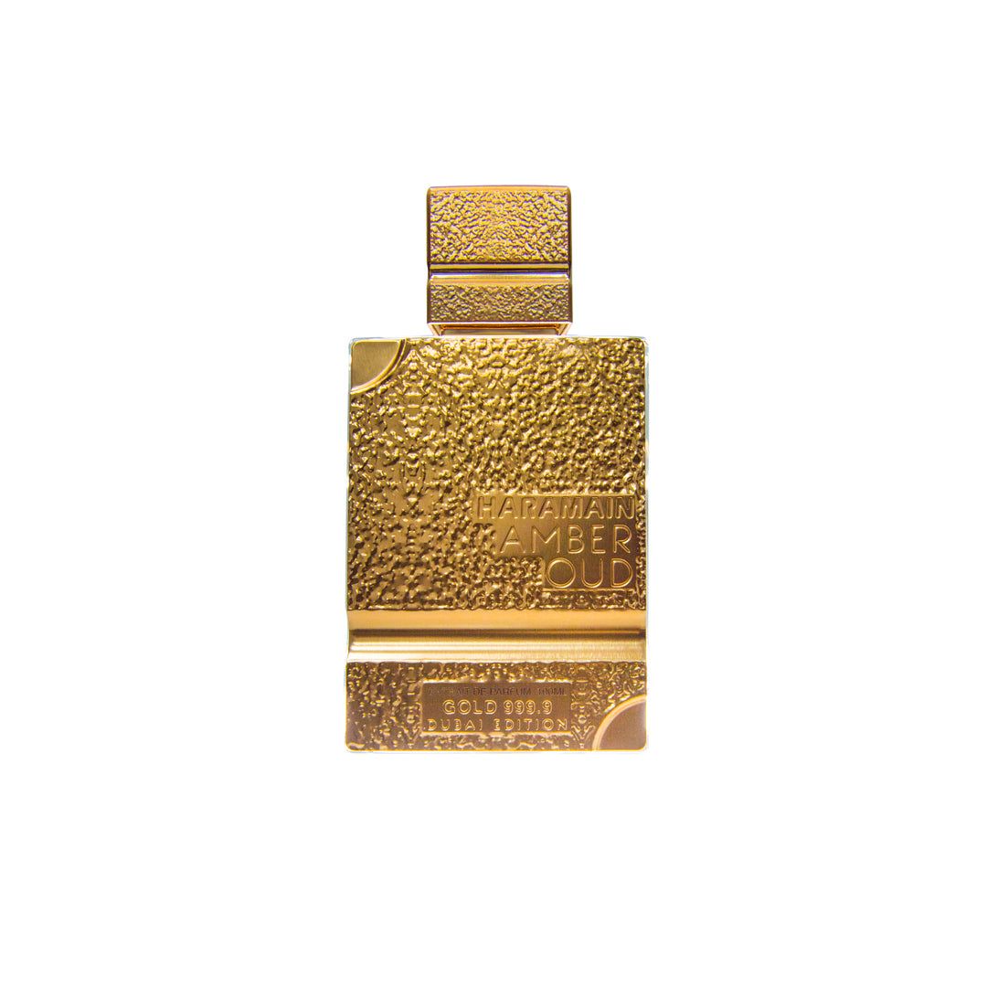 Al Haramain Amber Oud Gold 999.9 Dubai Edition Extrait de Parfum in the textured gold bottle